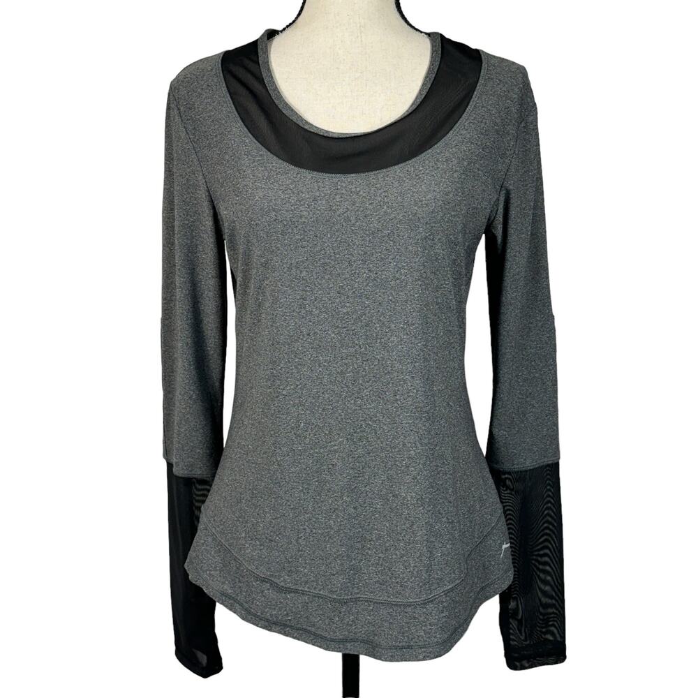 X by Gottex Medium Top Mesh Inserts Stretch Long Sleeve Gray Heather Curved Hem
